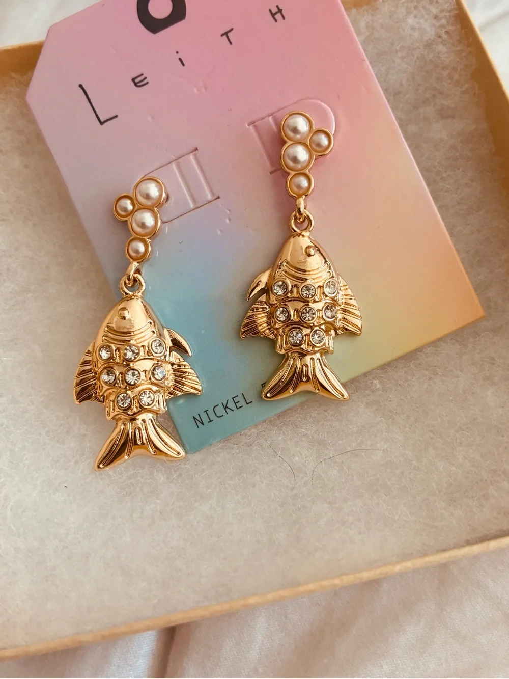 Leith Gold Fish Drop Earrings with Pearl & Crystal Accents